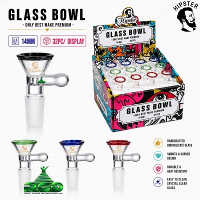 HIPSTER COLORED TOP FUNNEL W/ RND. HANDLE 14MM GLASS BOWL 32CT/ DISPLAY BMDSET09